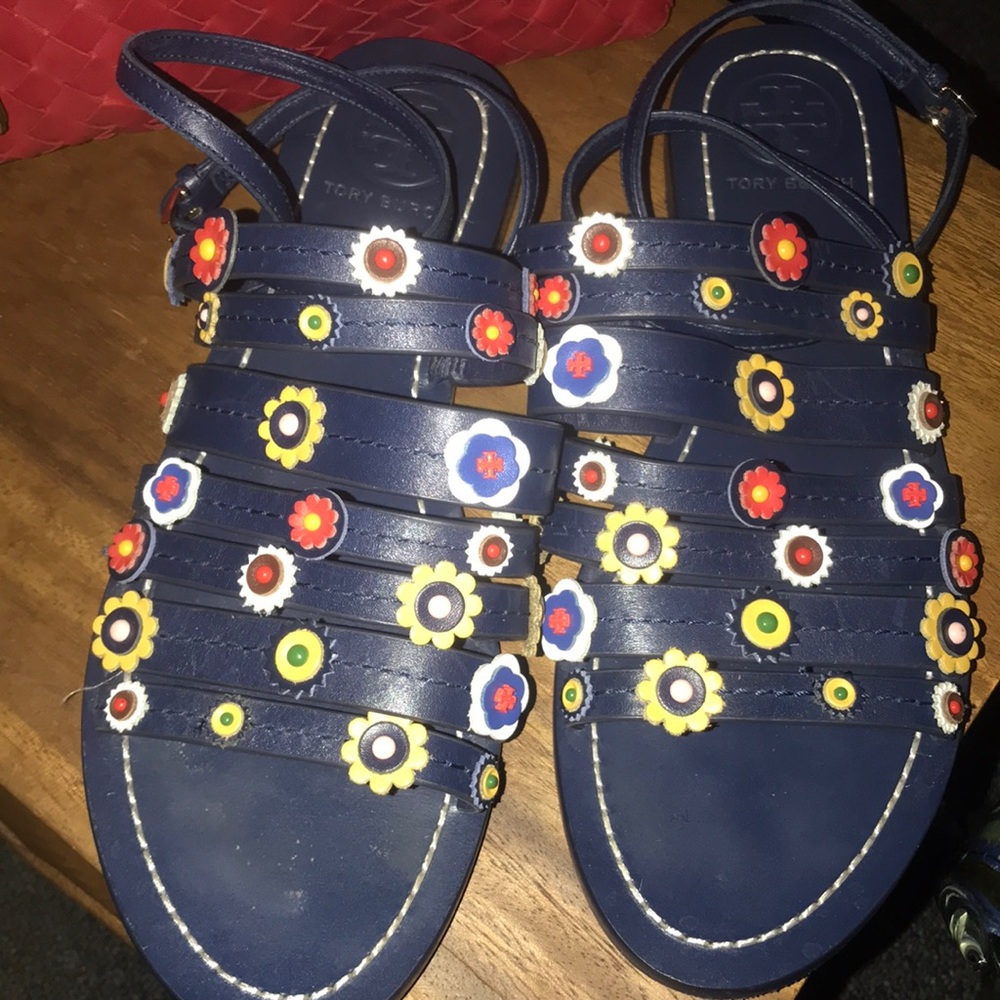 Tory Burch Marguerite Flat Sandals Blue Navy Sea
